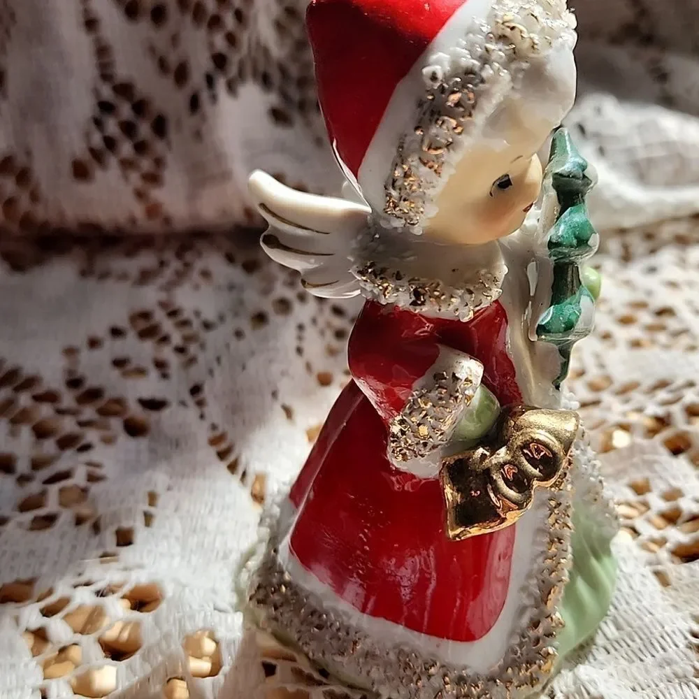 Lefton Porcelain Christmas Angel Vintage 1956 Carrying A Tree & Bells